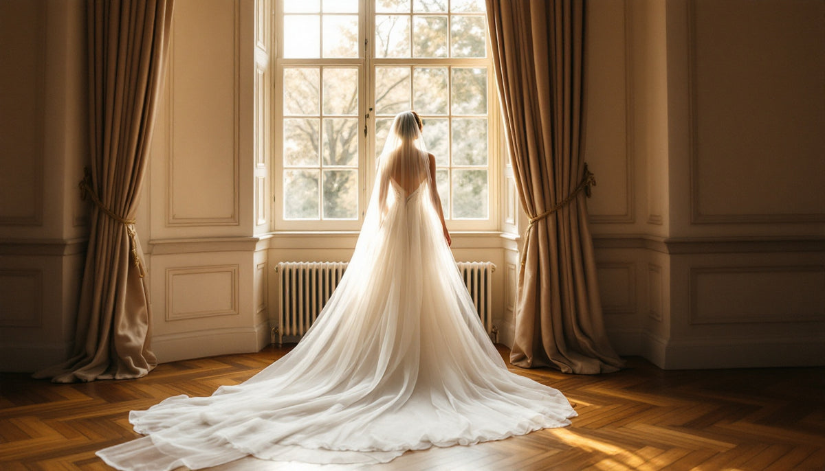 Bride at manor window wearing Veilaine cathedral veil